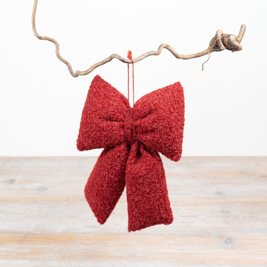 Bouclé Red Decorative Bow Textured Fabric Hanging Ornament Christmas Tree Wreath Festive Décor 24cm Item #79335