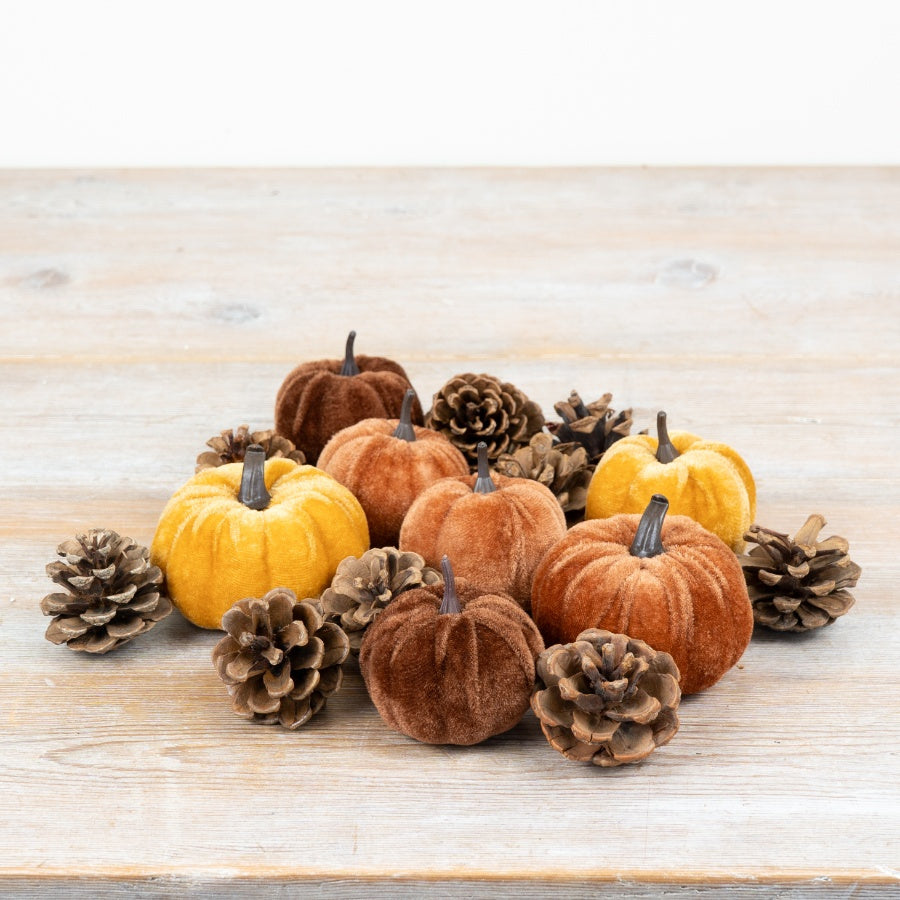 Velvet Pumpkin & Pinecone Mesh Bag Autumn Decoration Seasonal Harvest Display Rustic Home Décor 17cm Item #79344