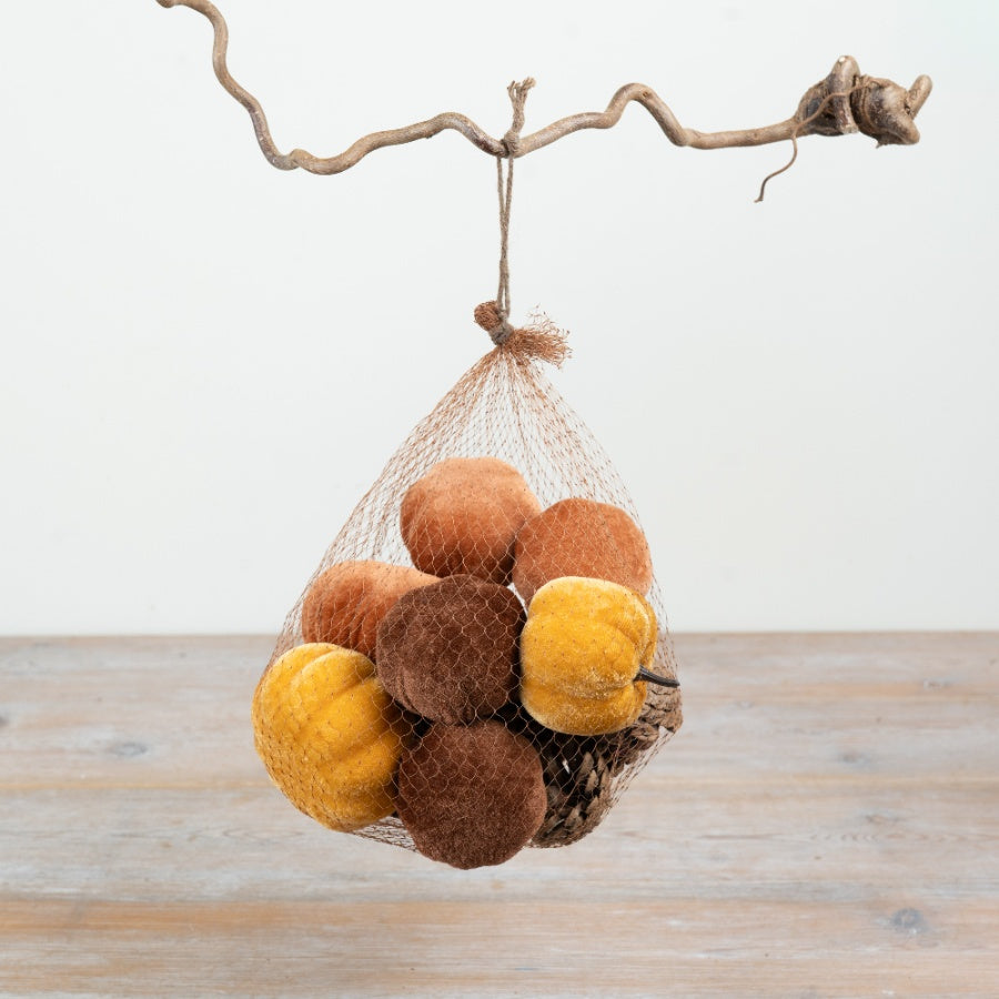 Velvet Pumpkin & Pinecone Mesh Bag Autumn Decoration Seasonal Harvest Display Rustic Home Décor 17cm Item #79344