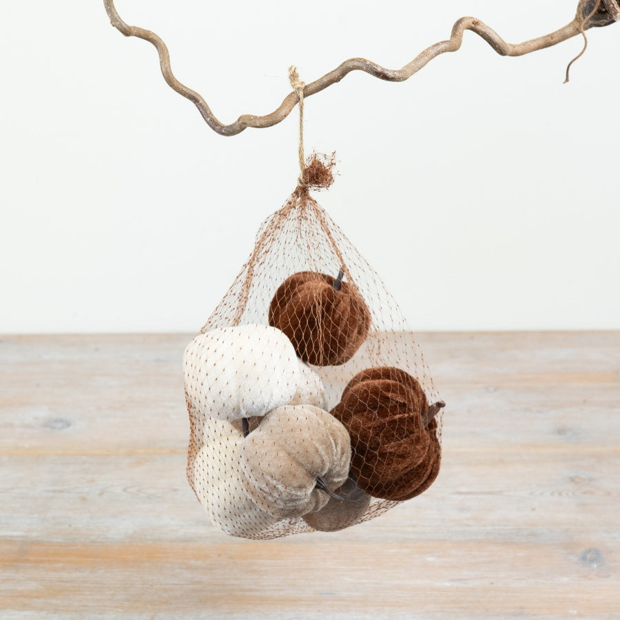 Brown White Pumpkin Decorations Mesh Bag Autumn Seasonal Ornament Rustic Thanksgiving Halloween Home Décor 17cm Item #79350