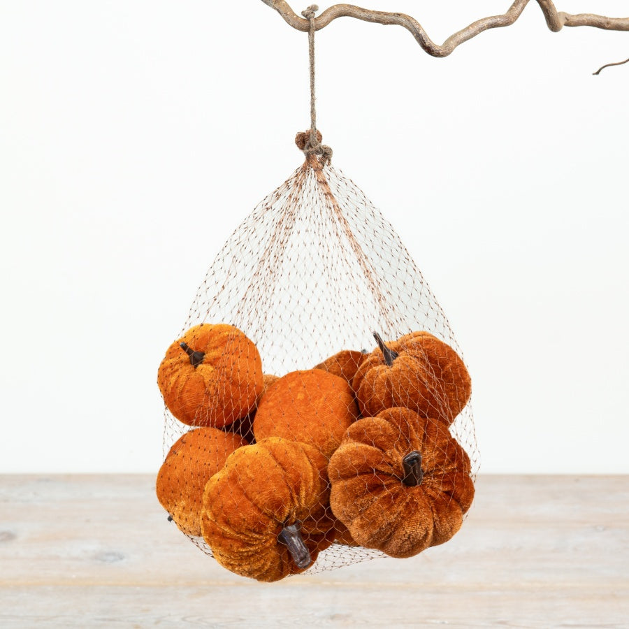 Velvet Orange Pumpkin Decoration in Mesh Bag Autumn Harvest Display Seasonal Home Décor Orange 17cm Item #79356