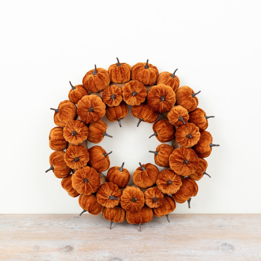 Orange Velvet Pumpkin Wreath Autumn Door Seasonal Home Décor Harvest Display Burnt Feature 38cm Item #79359