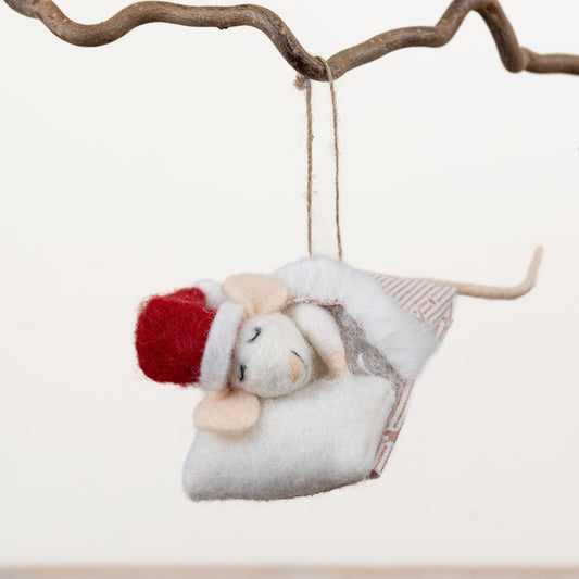 Sleeping Christmas Mouse Hanging Decoration Felt Style Mouse Ornament Santa Hat Woodland Festive Décor 12x7x5cm Item #79364