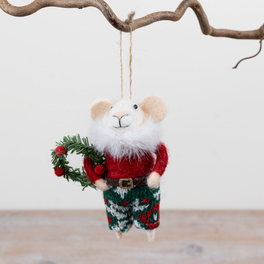 Festive Fabric Mouse Hanger Christmas Mouse Decoration Knit Style Trousers Wreath Hanging Ornament 11.5cm Item #79373