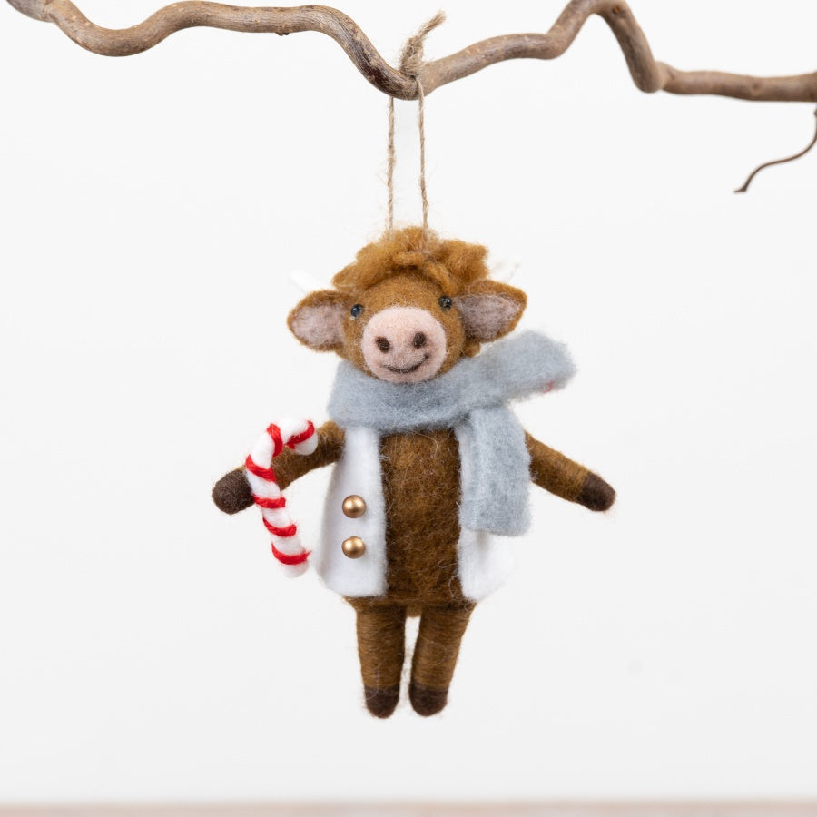 Festive Felt Highland Cow Hanger Soft Felt Highland Cow Decoration Scarf Candy Cane Christmas Ornament 13cm Item #79376