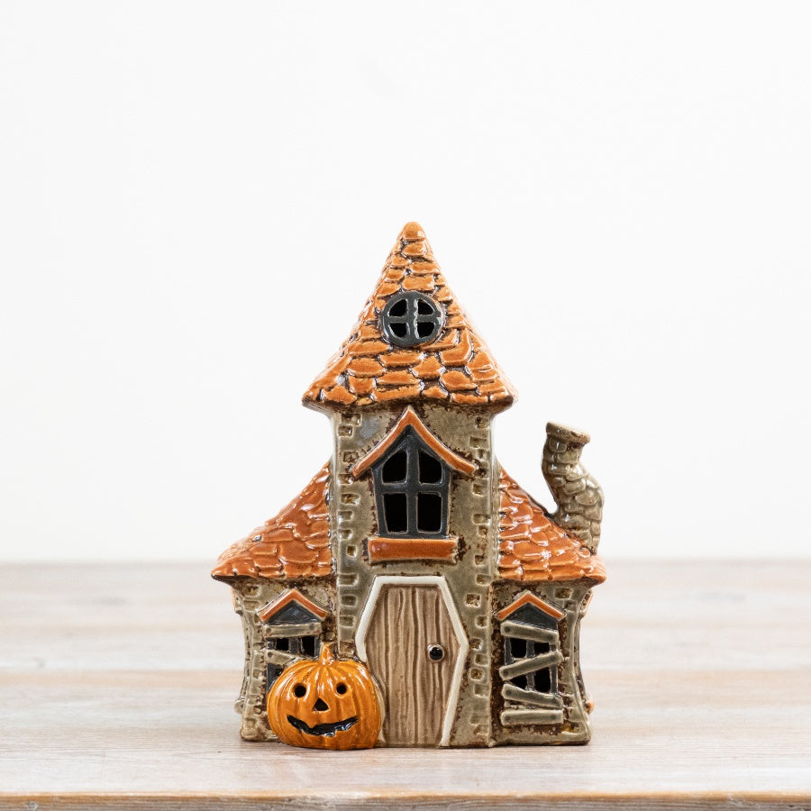 Halloween Candle House Ceramic Tealight Holder Haunted House Ornament Seasonal Home Décor 19.5cm