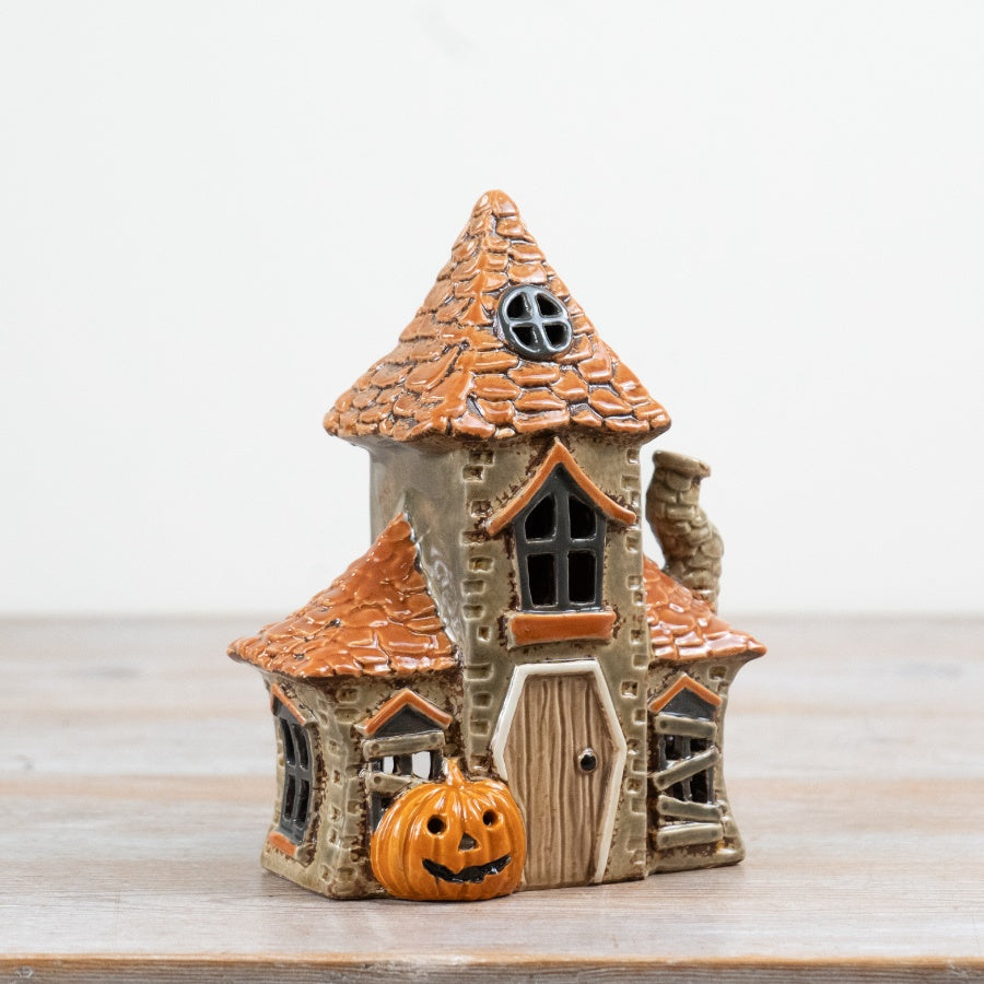 Halloween Candle House Ceramic Tealight Holder Haunted House Ornament Seasonal Home Décor 19.5cm