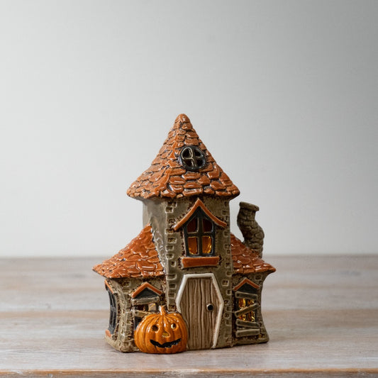 Halloween Candle House Ceramic Tealight Holder Haunted House Ornament Seasonal Home Décor 19.5cm
