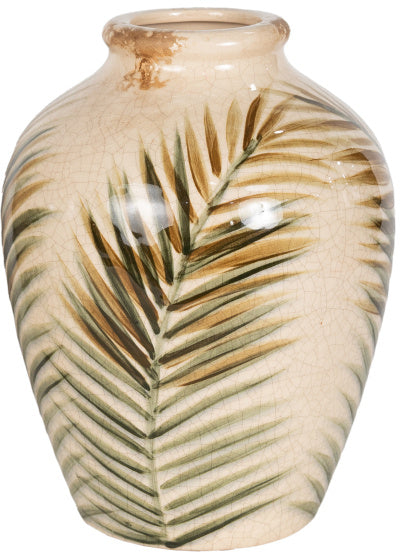 Letty Vase 23cm – Ceramic Vase with Palm Leaf Detail Green Crackle Glaze Botanical Home Decor