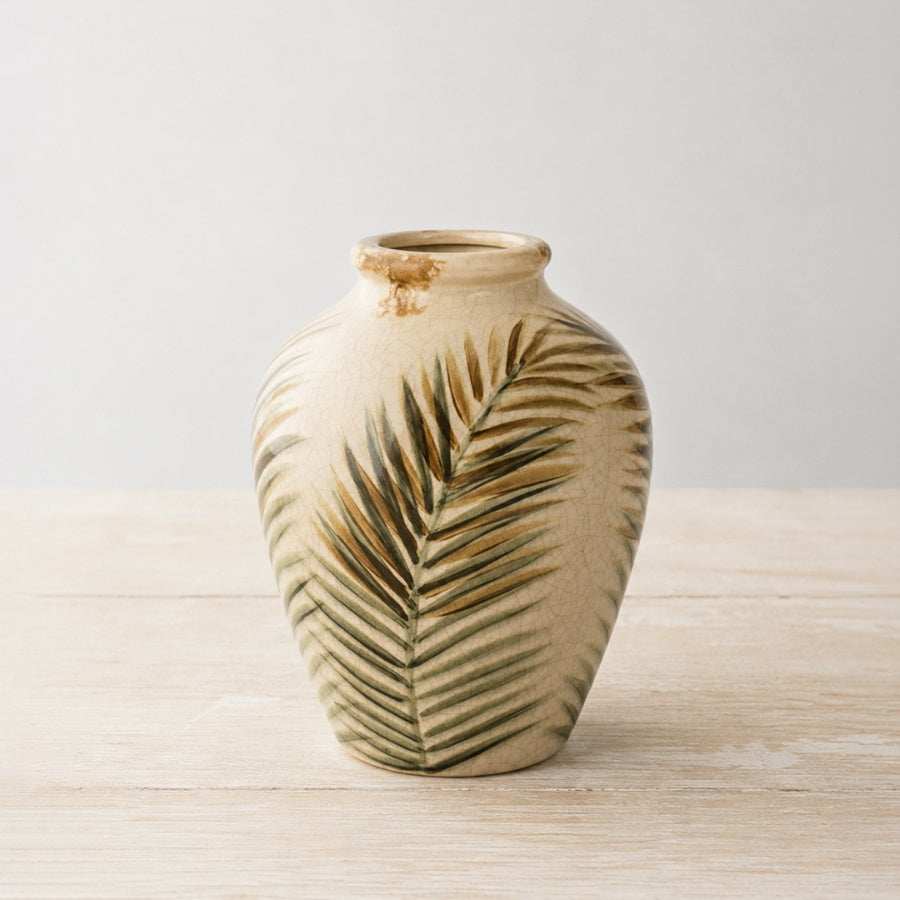Letty Vase 23cm – Ceramic Vase with Palm Leaf Detail Green Crackle Glaze Botanical Home Decor