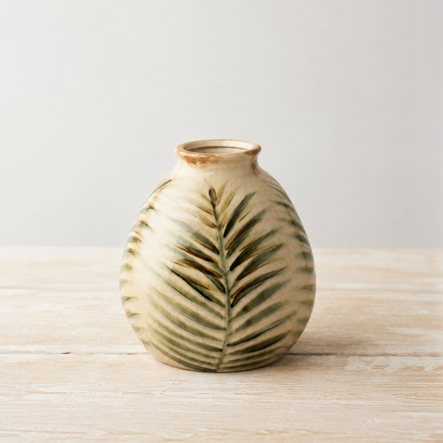 Letty Vase 18cm – Ceramic Vase with Palm Leaf Detail Green Gloss Crackle Finish Decorative Home Decor