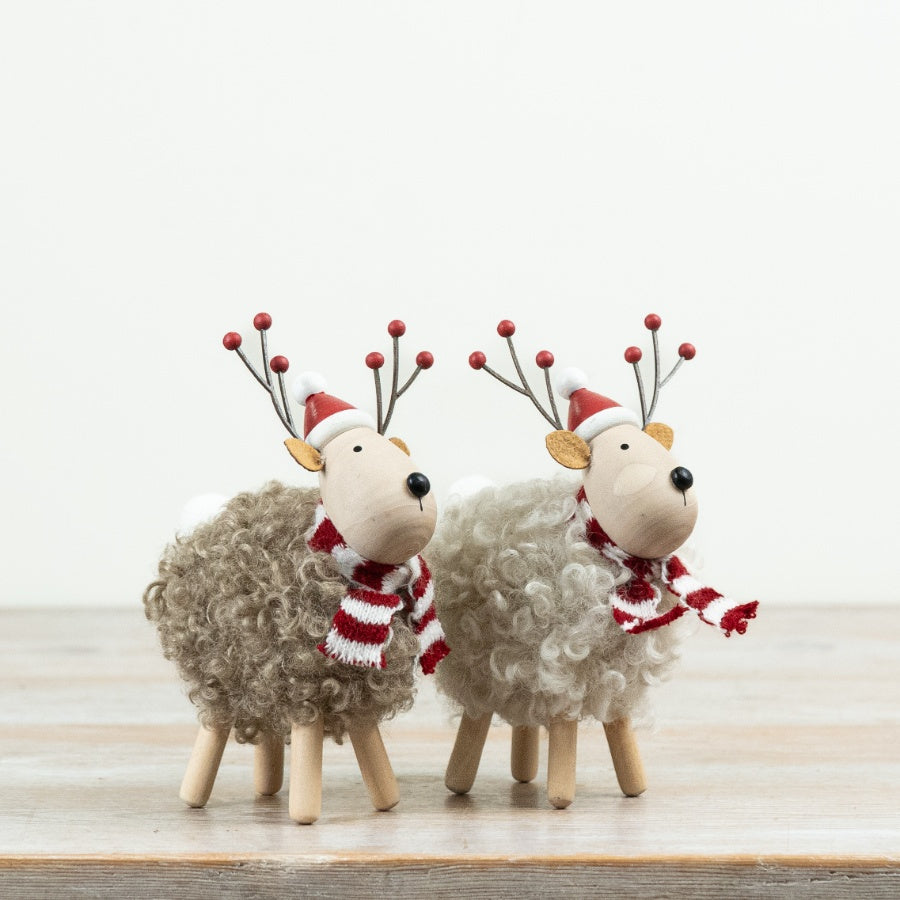 Woolly Reindeer Figure Soft Wool Effect Reindeer Ornament Wooden Legs Santa Hat Christmas Décor 14x10x6.5cm Item #79459