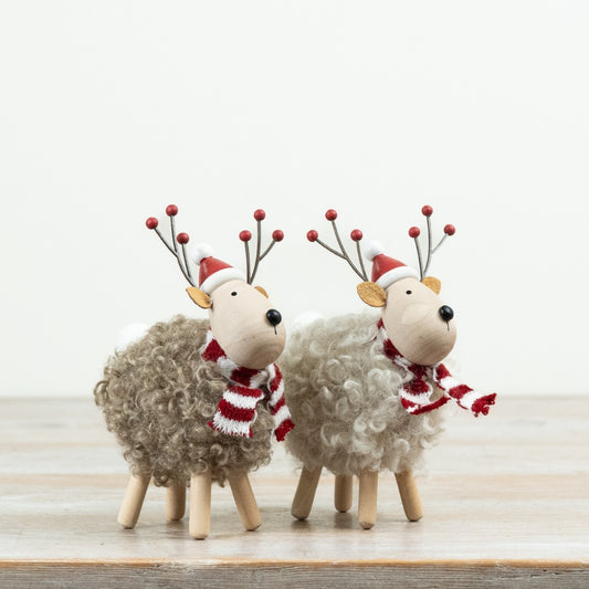 Woolly Reindeer Figure Soft Wool Effect Reindeer Ornament Wooden Legs Santa Hat Christmas Décor 14x10x6.5cm Item #79459