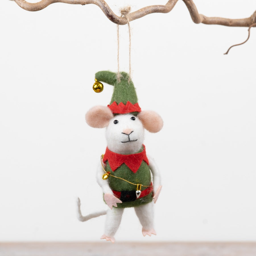 Elf Felt Mouse Hanger Christmas Mouse Decoration Elf Costume Hanging Ornament Jute Loop Festive Décor 15cm Item #79467