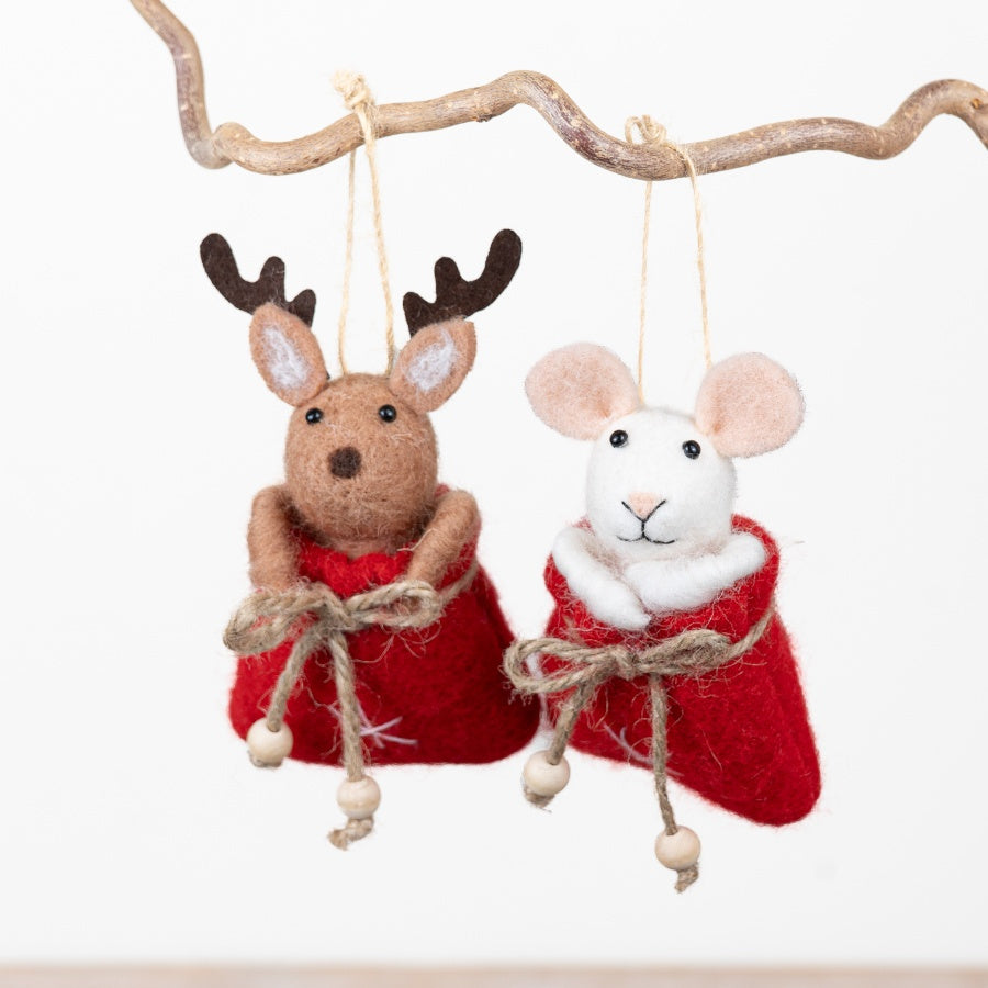 Felt Reindeer & Mouse Sacks Christmas Hanging Decorations Reindeer Mouse Ornaments Jute Detail 10cm Item #79468