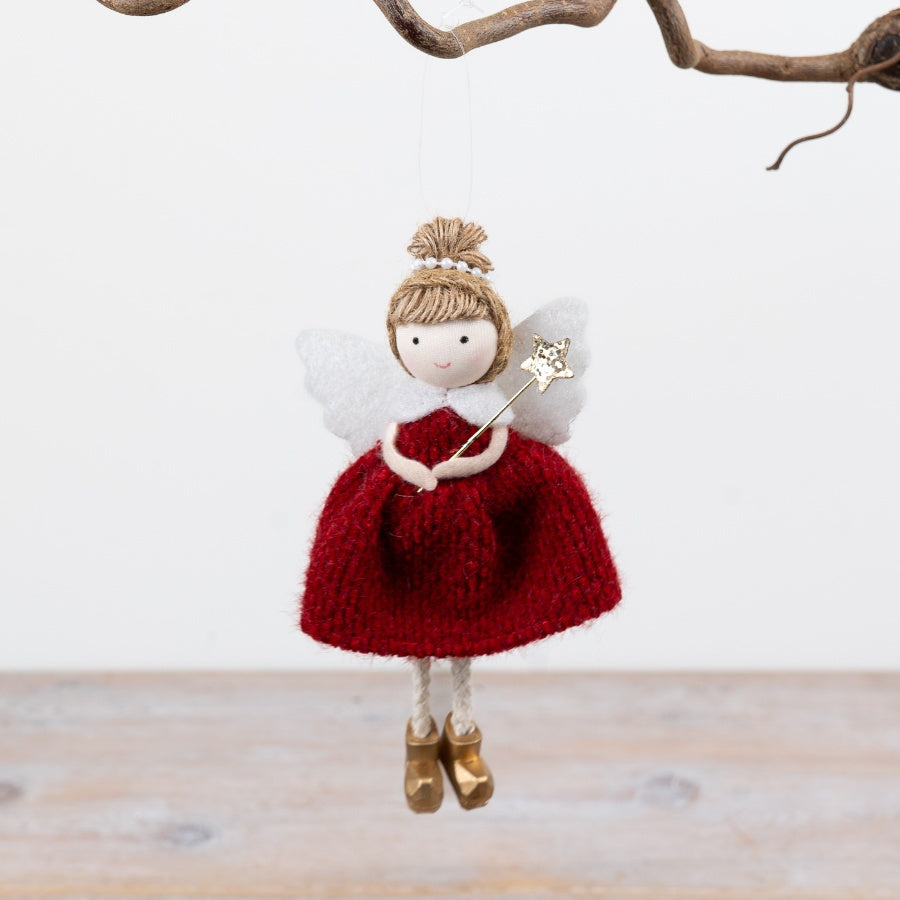 Christmas Fairy Hanger Knitted Angel Ornament Red Dress White Wings Star Wand Festive Décor 14cm Item #79472