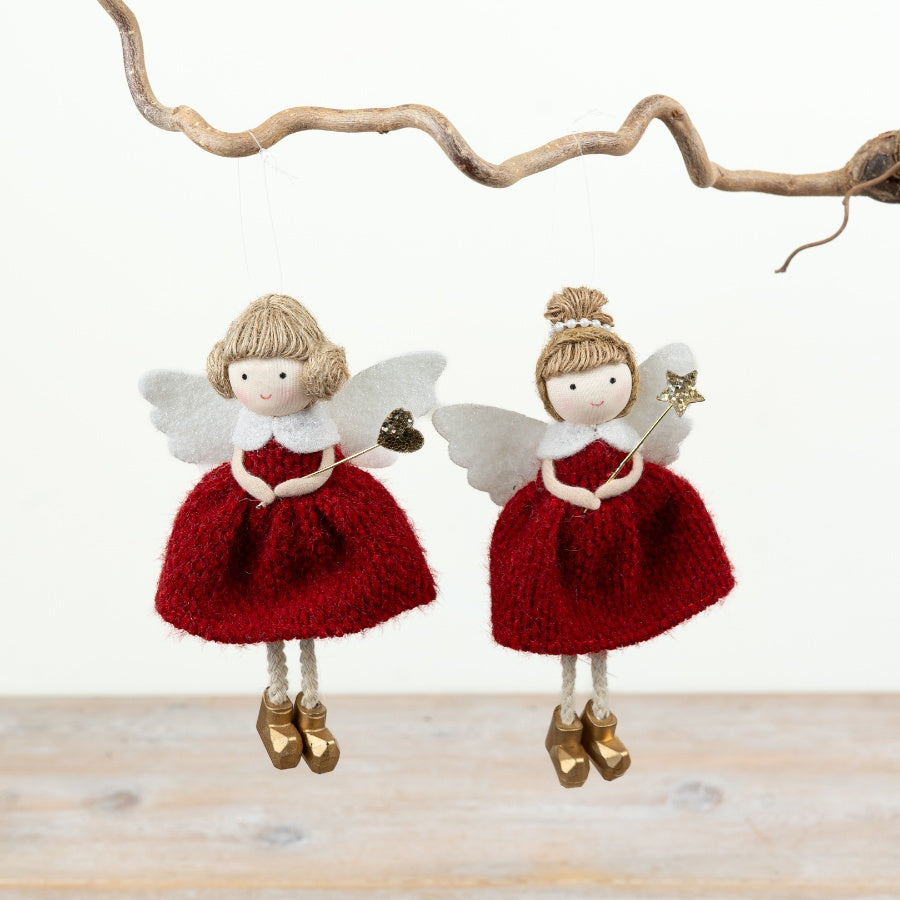 Christmas Fairy Hanger Knitted Angel Ornament Red Dress White Wings Star Wand Festive Décor 14cm Item #79472