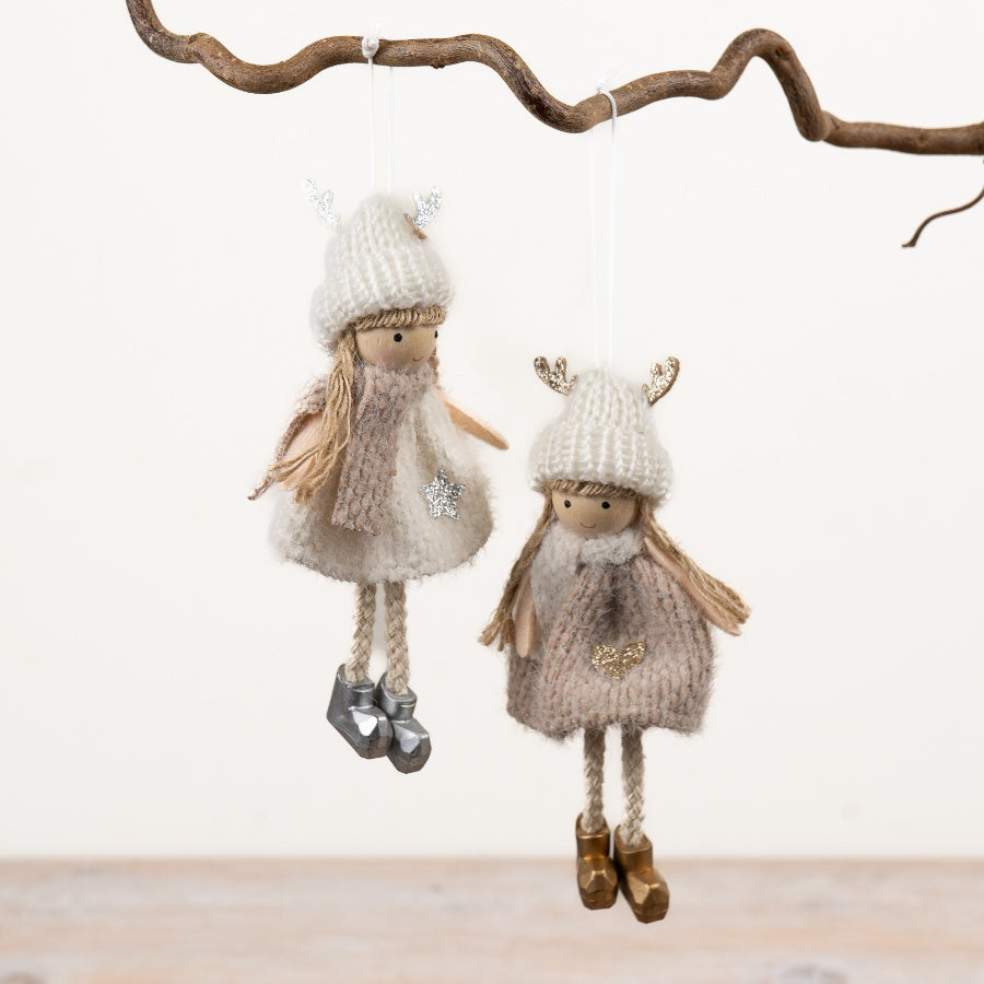 Winter Girl Hanging Decoration Knitted Angel Ornament Antler Hat Nordic Christmas Décor 2 Assorted 13cm Item #79473