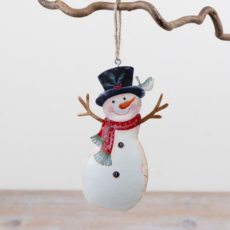Metal Snowman Hanger Snowman Christmas Decoration Top Hat Red Scarf Jute Hanging Ornament 13.5x8cm Item #79531