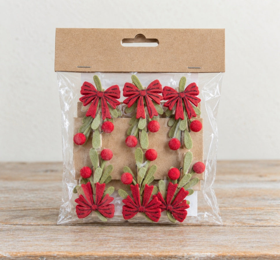 Pack of 6 Felt Mistletoe Clips with Bow Wooden Craft Pegs Christmas Decoration 3cm Item #79551