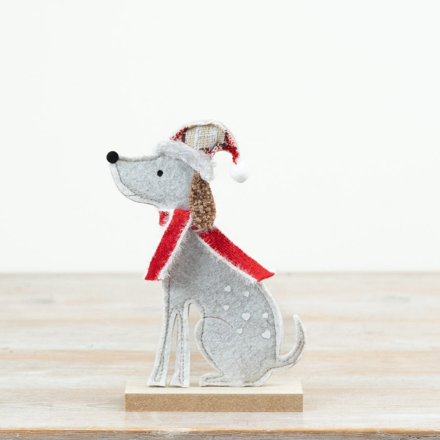 Felt Dog on MDF Base Decorative Dog Ornament Felt Animal Figure Wooden Base Festive Home Décor 20x12cm Item #79554