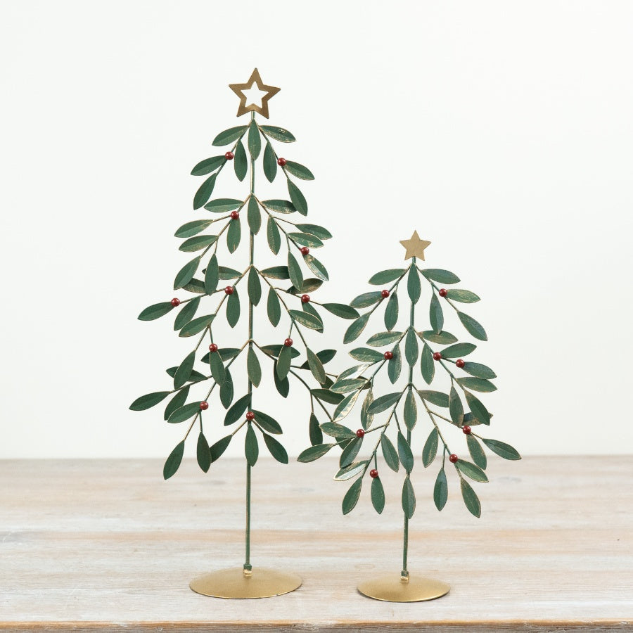 Festive Green Metal Tree Red Berries Christmas Decoration Gold Base Seasonal Home Décor 25.5x14x6.5cm Item #79591
