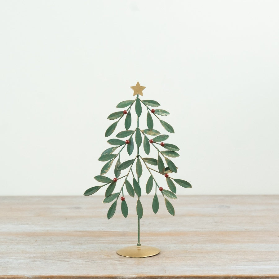 Festive Green Metal Tree Red Berries Christmas Decoration Gold Base Seasonal Home Décor 25.5x14x6.5cm Item #79591