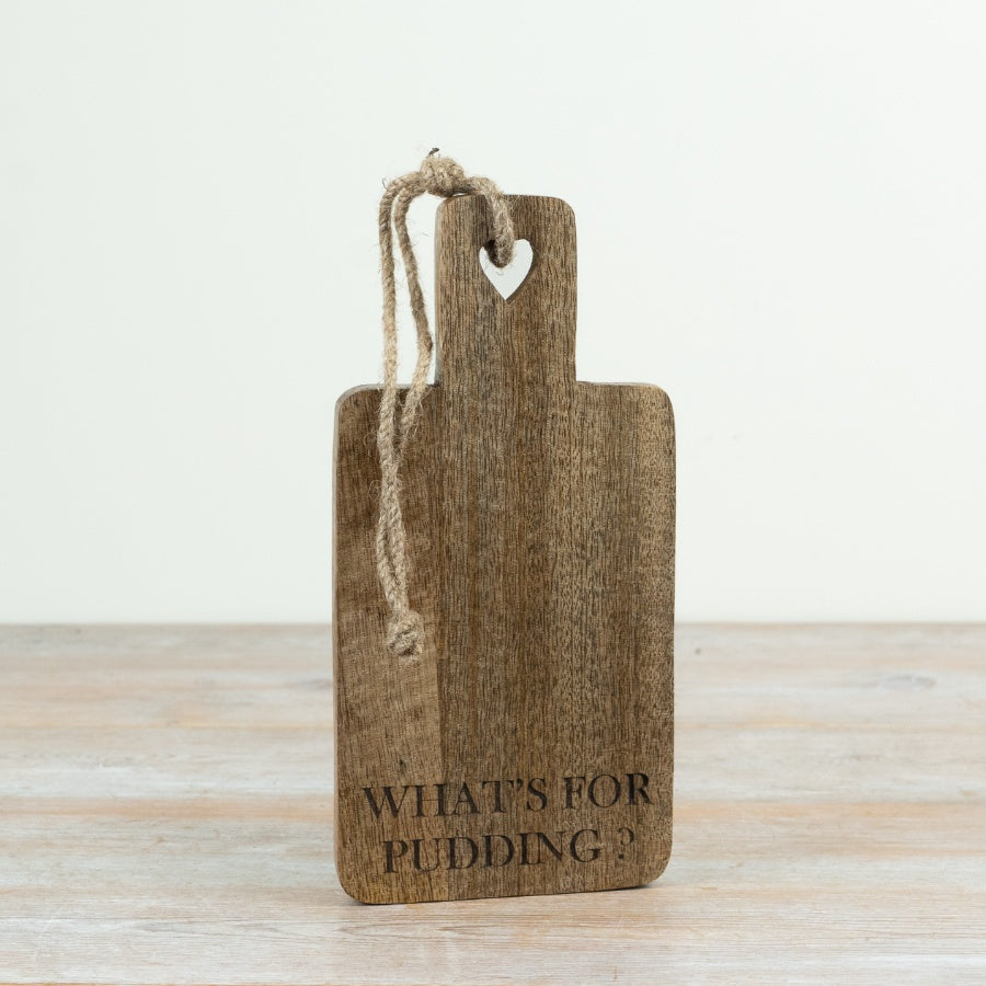Whats For Pudding Wooden Chopping Board 28cm – Rustic Engraved Kitchen Board with Heart Design Baking Gift