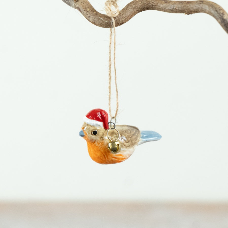 Robin Bird Hanger with Santa Hat, 5cm