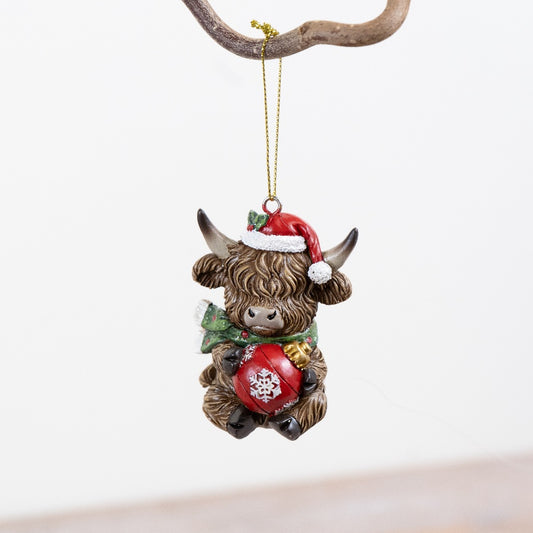 Xmas Highland Cow Hanging Ornament Resin Christmas Tree Decoration Rustic Festive Home Décor 7.5cm Item #80230