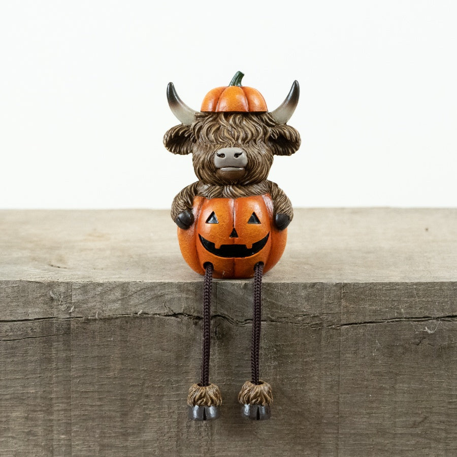 Highland Cow Pumpkin Shelf Sitter Halloween Ornament Rustic Autumn Farmhouse Home Décor Display 10.5cm Item #80231