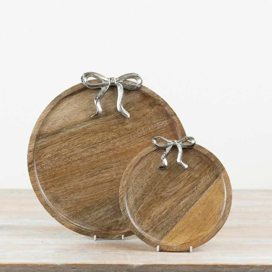 Wooden Serving Board with Silver Bow Accent Decorative Display Plate Serving Platter 31cm x 30cm