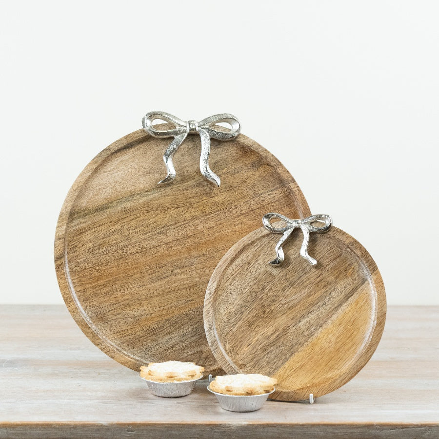 Wooden Serving Board with Silver Bow Accent Decorative Display Plate Serving Platter 31cm x 30cm