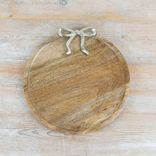Wooden Serving Board with Silver Bow Accent Decorative Display Plate Serving Platter 31cm x 30cm
