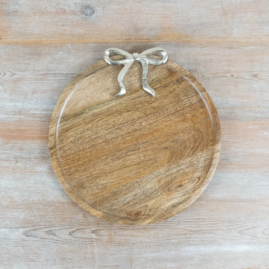 Round Tray with Silver Bow 21cm – Decorative Serving Tray Elegant Metal Dish Home Decor Accent