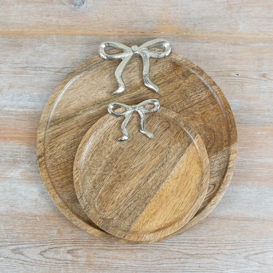 Round Tray with Silver Bow 21cm – Decorative Serving Tray Elegant Metal Dish Home Decor Accent