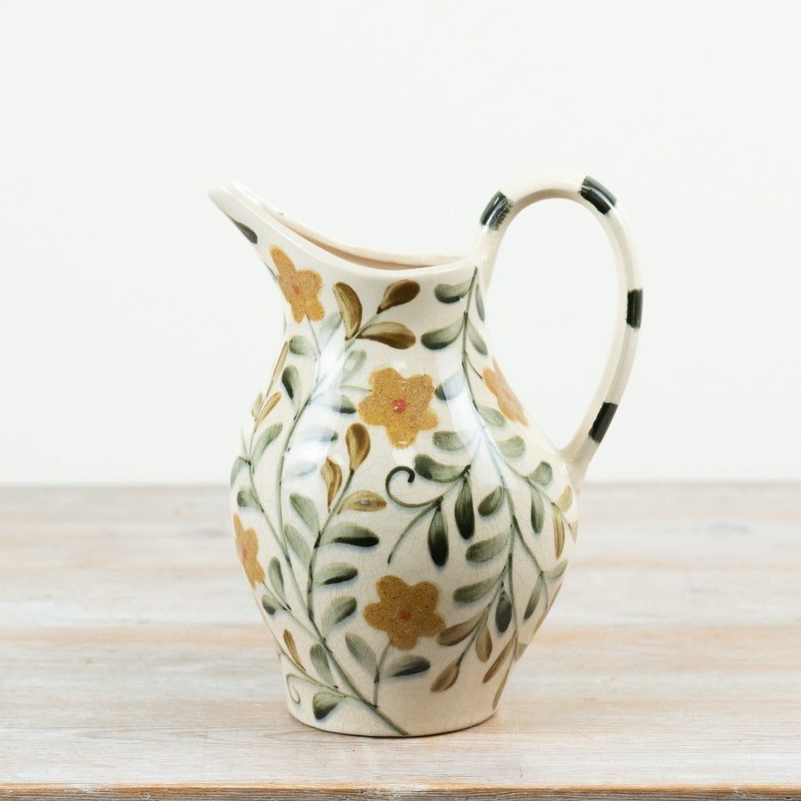 Floral Ceramic Jug Vase 24cm – Yellow Decorative Pitcher Vase Flower Display Rustic Home Decor