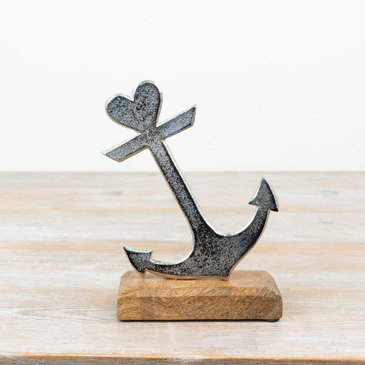 Aluminium & Wood Anchor Ornament 18cm – Nautical Decor on Base, Coastal Home Accent for Shelf or Office Styling