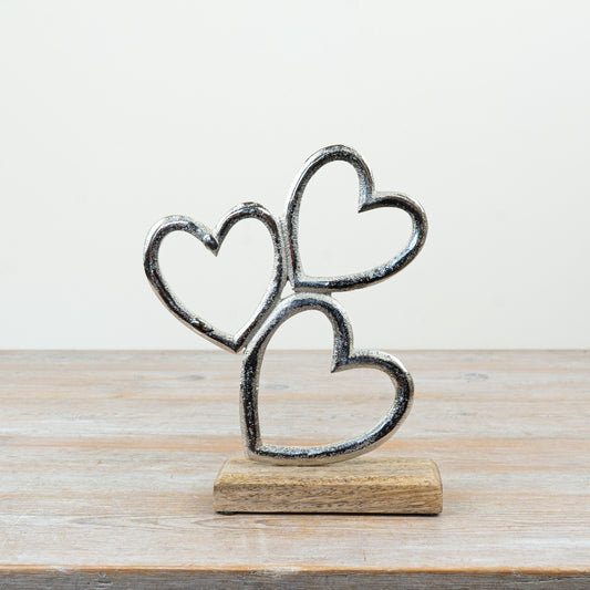 Aluminium Heart Ornament on Wooden Base 20cm – Modern Decorative Sculpture, Elegant Home Accent for Shelf or Desk Styling