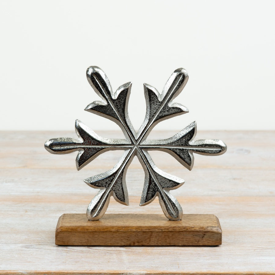 22cm Aluminium Snowflake Ornament on Mango Wood Base