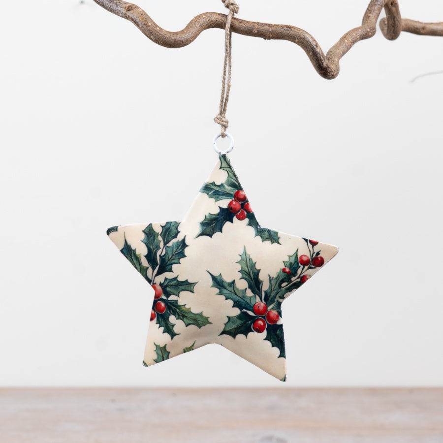 11cm Metal Hanging Star with Holly Design