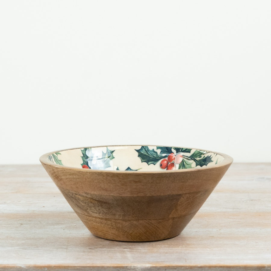 Christmas Holly Mango Wood Bowl Decorative Holiday Serving Bowl Rustic Festive Table Centrepiece 23cm