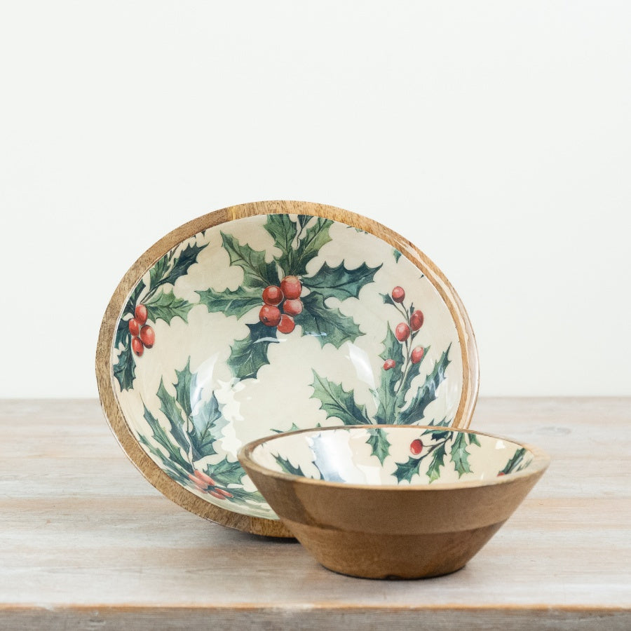 Christmas Holly Mango Wood Bowl Decorative Holiday Serving Bowl Rustic Festive Table Centrepiece 23cm