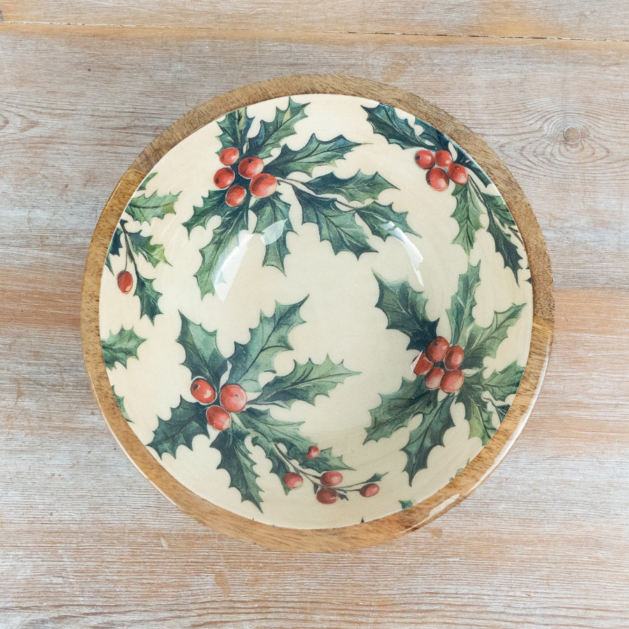 Christmas Holly Mango Wood Bowl Decorative Holiday Serving Bowl Rustic Festive Table Centrepiece 23cm