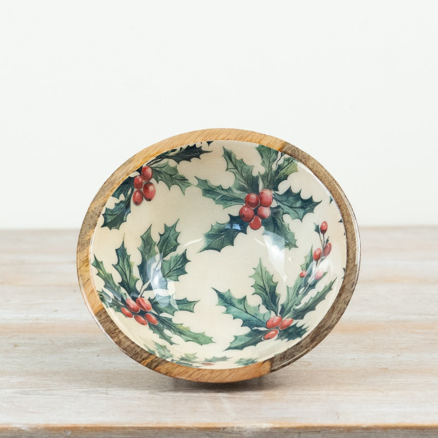 Christmas Holly Mango Wood Bowl Decorative Holiday Serving Bowl Rustic Festive Table Centrepiece 23cm