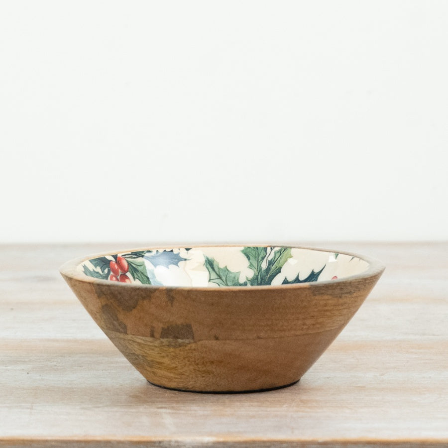 Holly Enamel Bowl Mango Wood Christmas Serving Bowl Festive Holly & Berry Decor 17cm