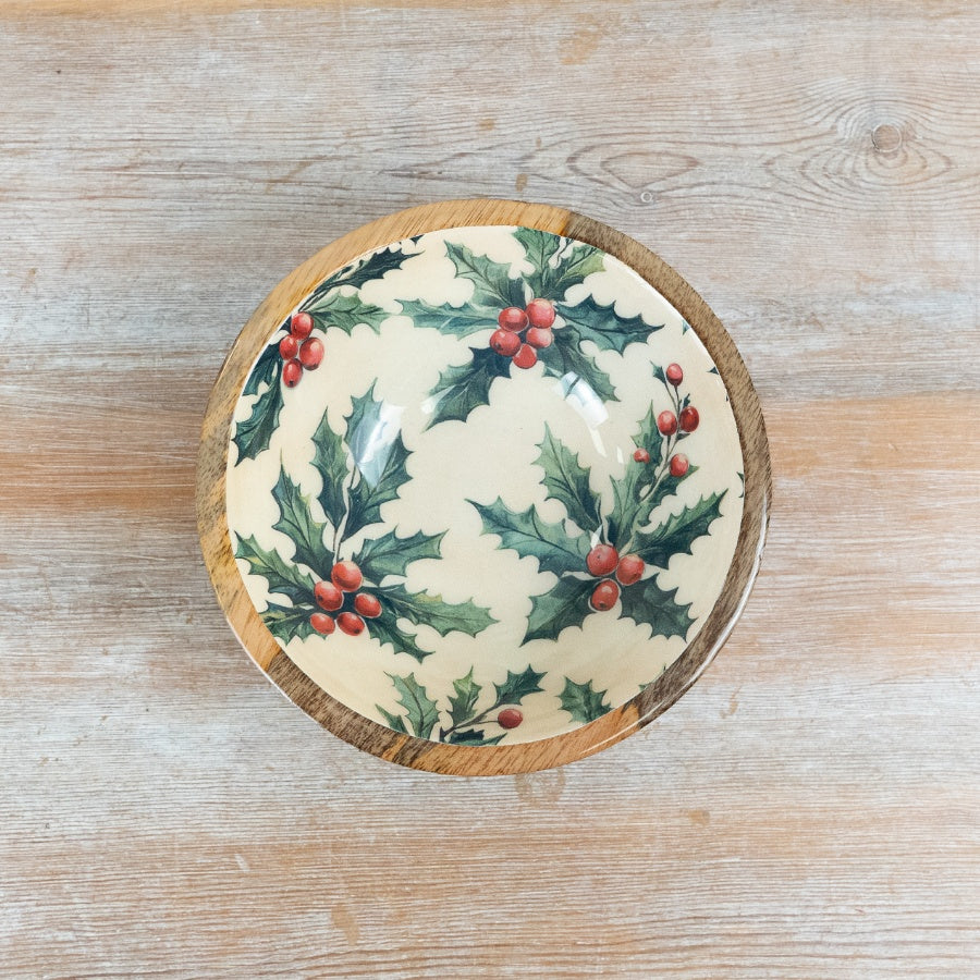 Holly Enamel Bowl Mango Wood Christmas Serving Bowl Festive Holly & Berry Decor 17cm