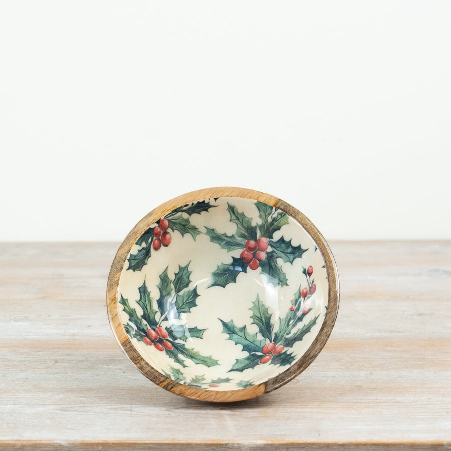 Holly Enamel Bowl Mango Wood Christmas Serving Bowl Festive Holly & Berry Decor 17cm