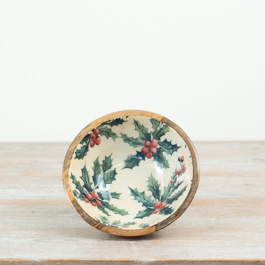 Holly Enamel Bowl Mango Wood Christmas Serving Bowl Festive Holly & Berry Decor 17cm
