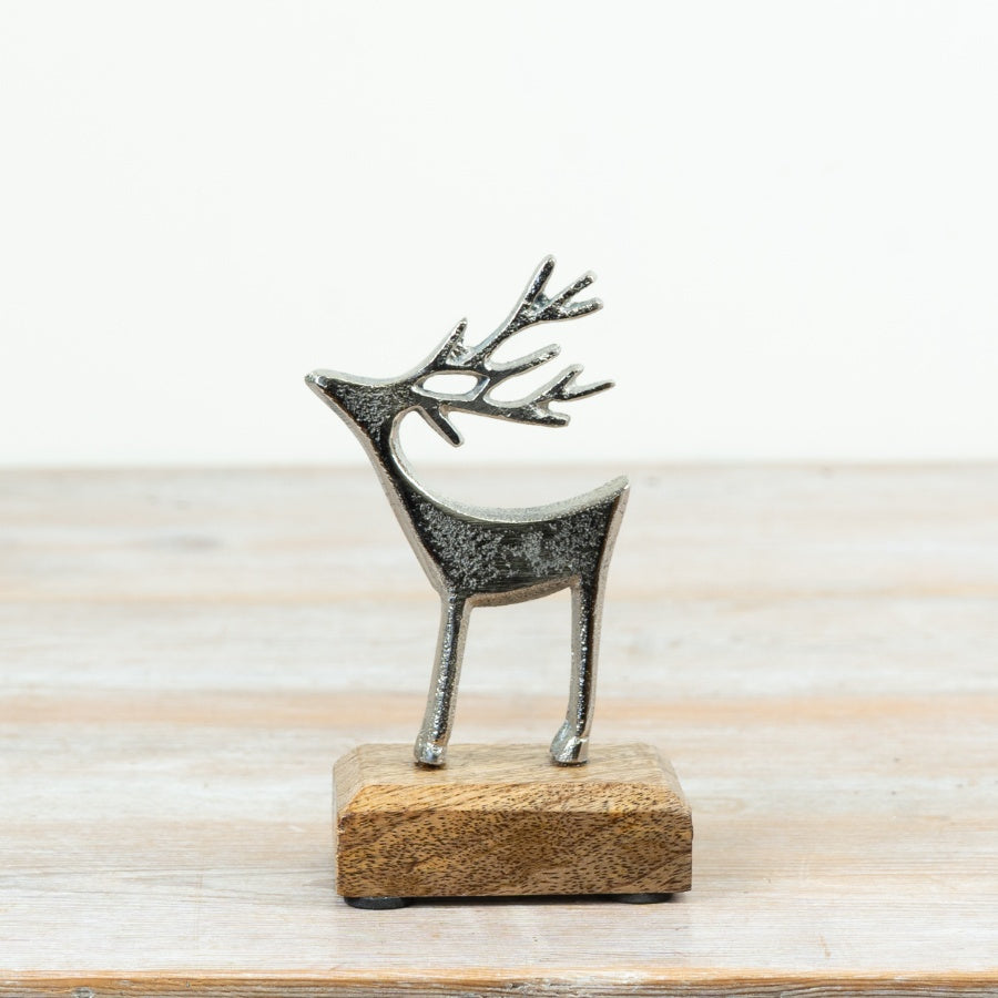 14cm Aluminium Reindeer on Mango Wood Base